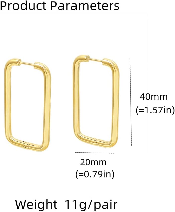 18K Gold Plated Silver Big Rectangle Dangle Hoop Earrings for Women Girls Stainless Steel Hypoallergenic for Sensitive Ears Large Geometric Huggie Hoops Drop Fashion Minimalist Jewelry 40mm - Image 6