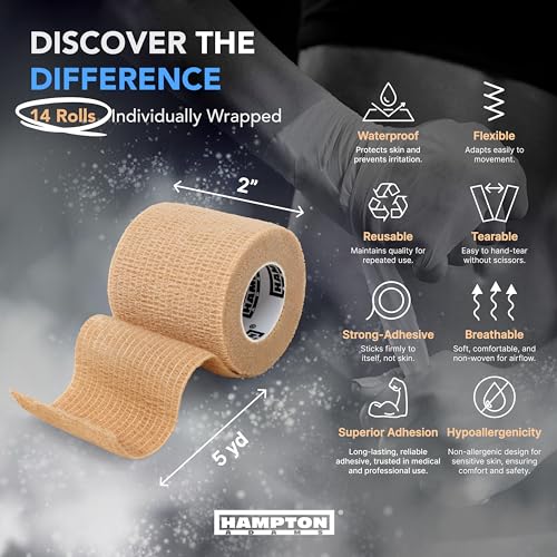 Hampton Adams | As Seen on Shark Tank | Self Adhesive Bandage Wrap (14-Pack) | 15ft | Pet Safe | Breathable Athletic Elastic Cohesive Bandage for Sports Injury Ankle Knee Wrist sprains (Beige) - Image 3