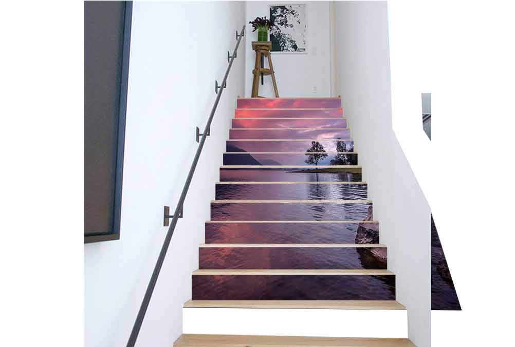 3D Stair Sticker DIY Wall Mural Decorative Red Dawn Over Bassenthwaite Lake Stair Riser Stickers Self-Adhesive Backsplash Tiles Decals Removable 39 3 x 7 08 Inch 13PCS/Set