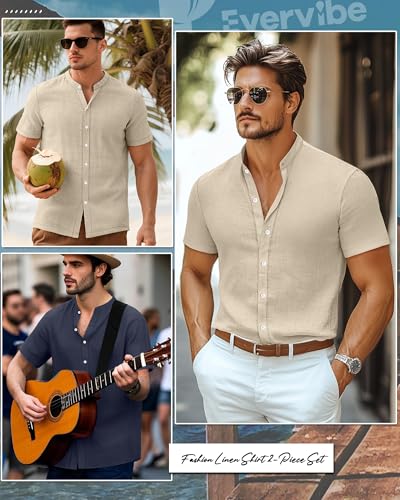 2 Pack Men's Short Sleeve Linen Shirts, Button Down Cotton Beach Vacation Casual Summer Tees 5