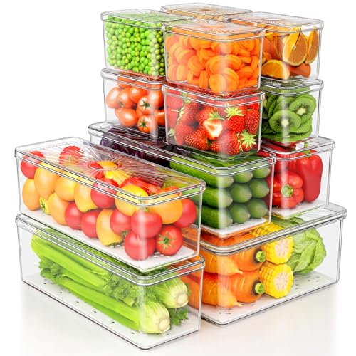 CANTAMI 13 Pack Fridge Organizers Bins and Storage, PBA Free Refrigerator Organizer with Lids, Stackable Food Storage Bins for Kitchen, Countertops, Cabinets, Fridge, Drinks, Fruits, Vegetable
