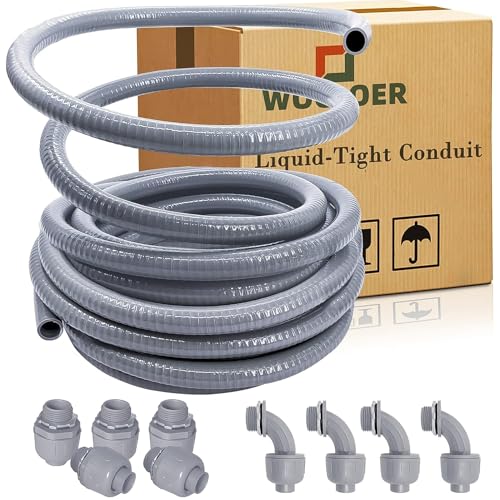 50 Foot Liquid-Tight Conduit Kit - 1/2inch Flexible Non Metallic Liquid Tight Electrical Conduit and 5 Straight and 4 Angle Fittings Included. 1/2" Dia