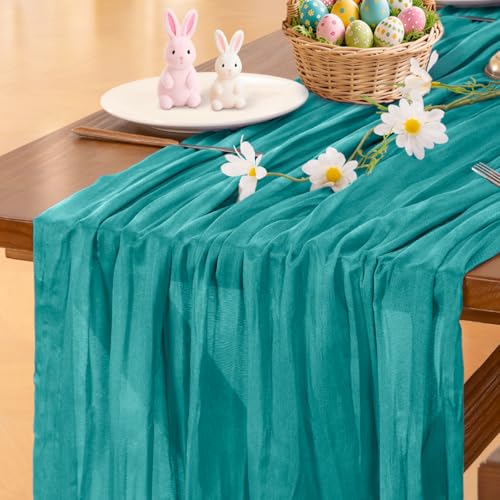Image of Socomi 2pcs Teal Blue Spring Cheesecloth Table Runner Boho Rustic Gauze 120 inch 10FT Cheese Cloth Runner for Wedding Party Baby Shower Birthday Home Decor