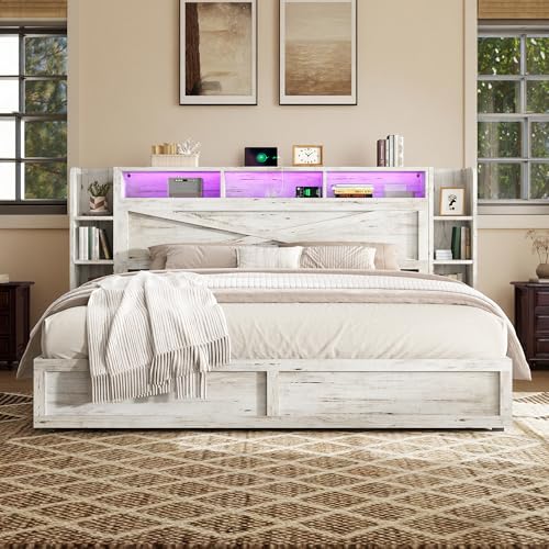 Image of AMERLIFE 45'' Farmhouse King Bed Frame with 4 Drawers, LED Bed Frame with Bookcase Headboard & Side Shelves, Wood Platform Bed with Charging Station, White
