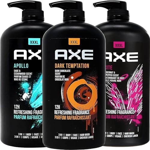 AXE Men's Body Wash Variety 3-Pack, Dark Temptation, Apollo, and Excite 3-in-1 Body, Face & Hair Wash, 32 Oz Ea