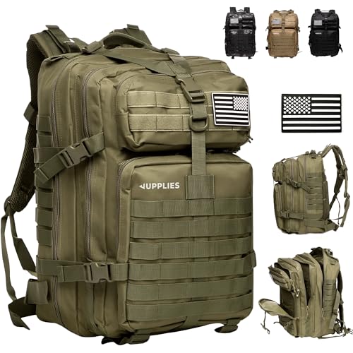 JUPPLIES Mochila Tactica Militar 45L Impermeable Oxford 600D IPX5 con Sistema MOLLE y Cremalleras Reforzadas – Gran Capacidad para Crossfit, Gimnasio, Senderismo, Viajes o Supervivencia (Verde)