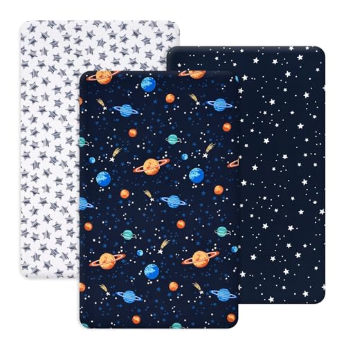 Image of PHF 3 Pack Soft Mini Crib Sheets, Space Silky Pack N Play Sheets for Baby Boys Girls Neutral, Universal Fit for Pack N Play, Playard, Portable and Mini Crib Mattresses, Space
