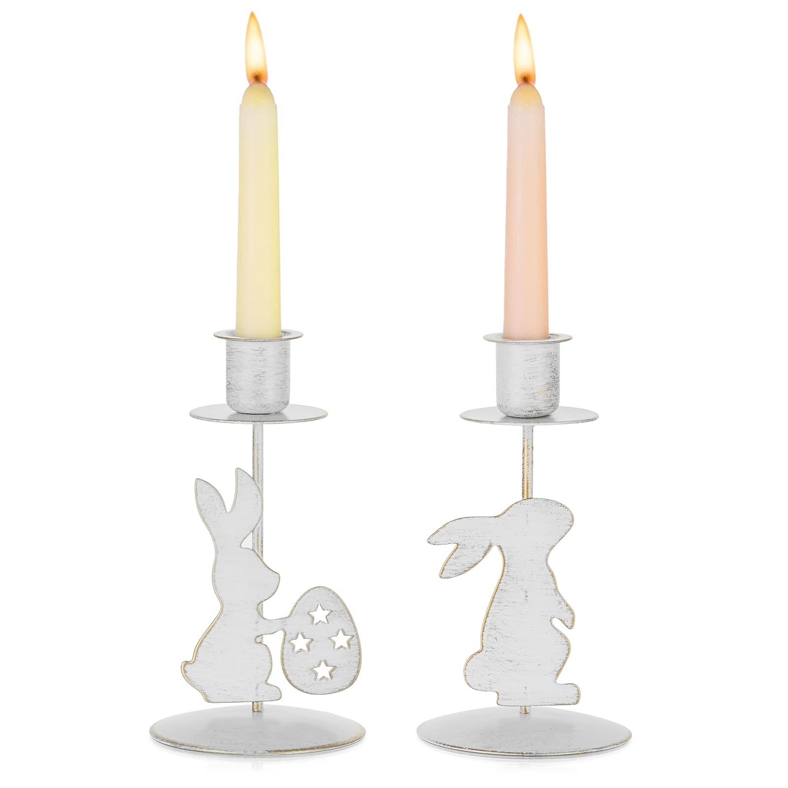 Sziqiqi Bunny Candlestick Holders for Easter: Rabbit Candle Holder Table Centerpiece for Taper Candles - Rustic White Easter Candle Holders Set of 2 for Easter Party Spring Home Decor