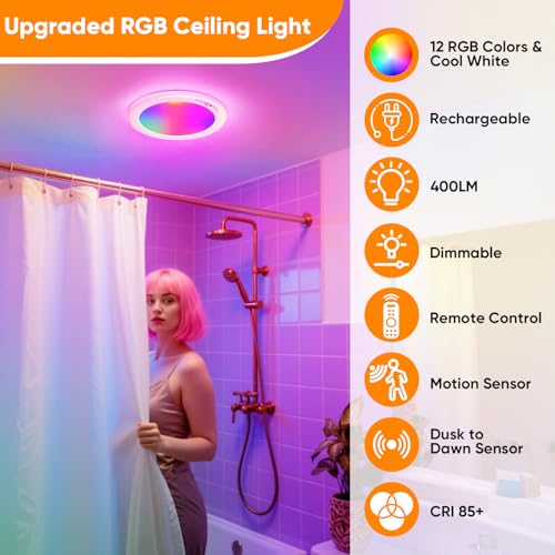 Image of Rechargeable Motion Sensor Ceiling Light, Battery Closet Light 12 RGB Color