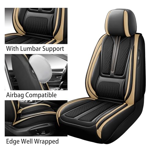 Image of Seat Covers for Front Seat,Nappa Leather Car Seat Covers,Waterproof Universal Fit Car Seat Cushion,2 PCS Automotive Seat Protector for Most Sedans SUV Pick-Up Truck Sedans,Black&Beige