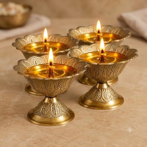 Image of Pure Source India Brass Akhand Diya /Oil Lamp for Pooja, Mandir and Home Decoration (L-2.75inch) 4pcs
