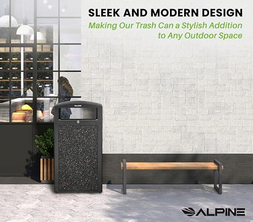 Image of Alpine Industries 40 Gallon Commercial Outdoor Trash Can, Metal with Removable Bin & Locking Lid (Black, Grey Stone)