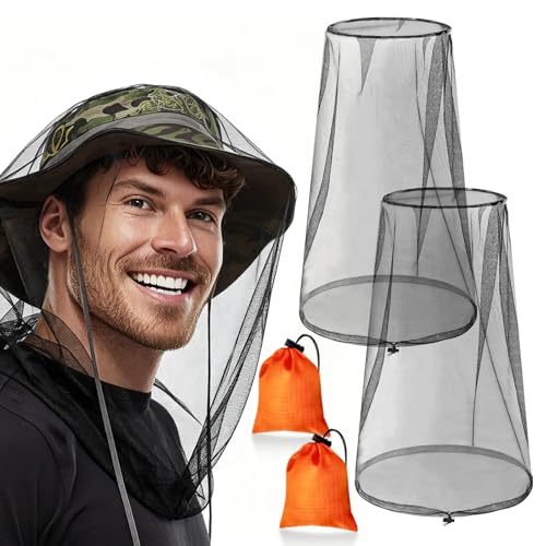 GuoluvSoo 2 Pack Mosquito Head Nets with Drawstring - Ultra Large & Extra Long, Premium Breathable Bug Net for Head, Universal Fit for Hats, Mosquito Net Hat for Hiking, Camping, Fishing, Gardening
