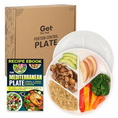 GetTheFad Portion Control Plate (Porcelain) Set of 2, 9.3 Inch Divided Portion Plates for Weight Loss Adults, Divided Dinner Plates for Adults, Healthy plates for adults, My plate for Weight Watchers