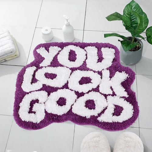 Image of TOIVO You Look Good Bath Mat - Stylish Funny Pink Bathroom Rug with Cute Words, Absorbent & Non-Slip - 25x21 inch (Purple)