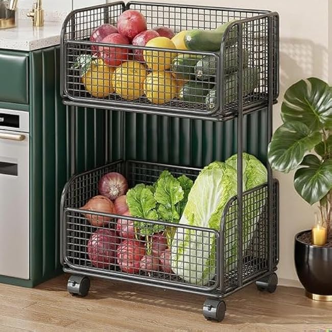 Vegetable Storage Rack Cart with Wheels Iron Utility Kitchen Storage Cart Fruit Basket for Kitchen for Snacks- Black-p5iP2eKX