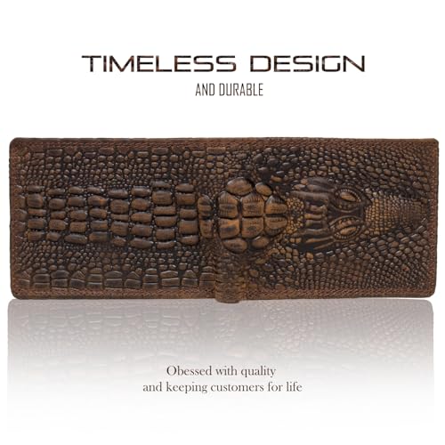 Image of Men's Top Grain Leather Wallet with Crocodile 3D Print | 8 Card Slots Bifold Wallet | RFID Protected (Brown)