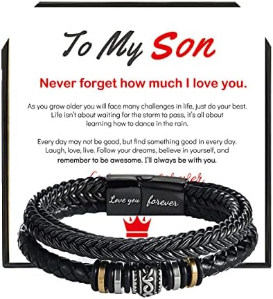 To My Son Bracelet from Mom,To My Son Bracelet- "I Will Always Be With You" Braided Leather Bracelet for Men Boys, Stainless Steel Inspirational Bracelet Bangle Wristband Gifts for Him (Son, Black)