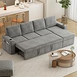 wanan 103' Sectional Sleeper Sofa with Pull Out Couch Bed, Convertible L-Shaped Sofa with Storage Chaise, Quick Assemble Sleeper Sofa with Cup Holders & Side Pockets for Living Room (Chenille, Grey)