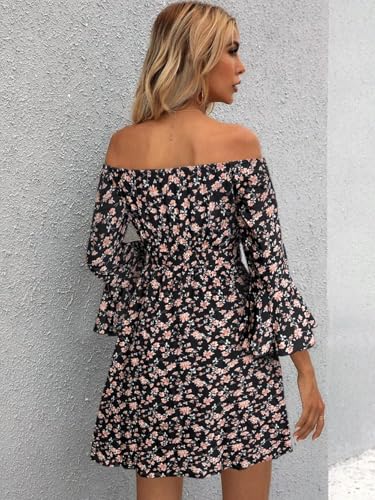 Image of Off Shoulder Ruffle Dress for Women, A-Line Mini Dress with Belt, Fitted Bust Summer Wedding Guest Dress