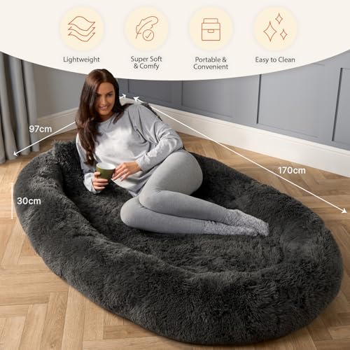 OHS Extra Large Dog Bed, Comfy Fluffy Giant Dog Bed for Humans Pets Machine Washable Luxury Human Sized Pet Bed Extra Large - Charcoal, 170 x 96cm