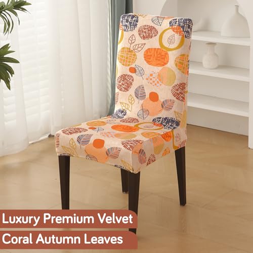 Image of HOKIPO Premium Printed Velvet Dining Chair Cover Set of 6, Coral Autumn Leaves (AR-5794-D1*6)