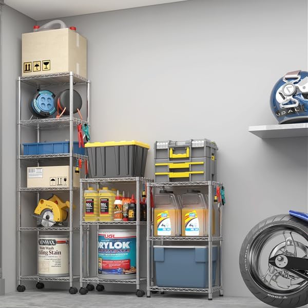 Heavy duty carbon steel wire shelving unit with wheels and leveling feet, 6 tier adjustable rack for garage pantry.