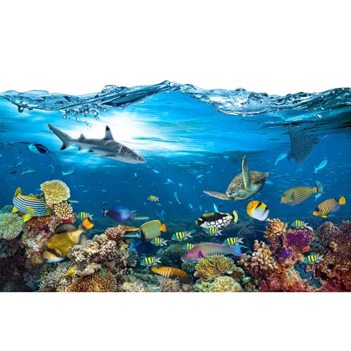 Image of Ocean Aquarium Background Underwater Tropical Fish Coral Reef Terrarium Background Under The Sea World Theme Fish Tank Background Turtle Shark Blue Sea Fish Tank Backdrop Coral Tank Decors 72x16in