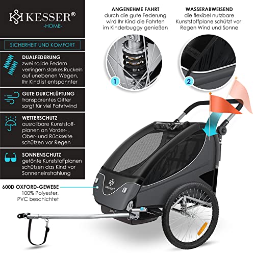KESSER® Kinderanhänger Fahrradanhänger 360° Drehbar mit Federung 2in1 Joggerfunktion Kinderfahrradanhänger + 5-Punkt Gurt Jogger Fahrrad Anhänger für 1 bis 2 Kinder max. 40kg Inkl. Warnfahne, Schwarz