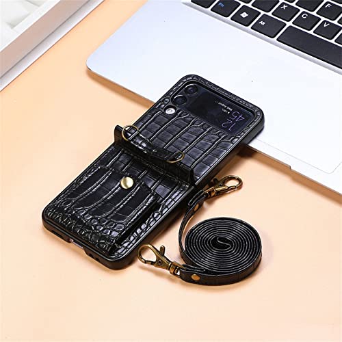 Coque Z Flip 4 antichoc aspect cuir crocodile noir premium avec lanière