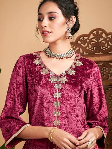 Image of Women Velvet Embroidered Short Kurta With Palazzos