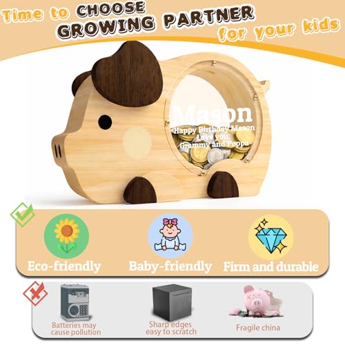 Image of Personalized Piggy Bank for Kids, Cute Money Bank for Boys, Clear Coin Bank with Plug, Wood Kids Bank Toy Unbreakable Money Box, Gift for Children Birthday Christmas and Festival