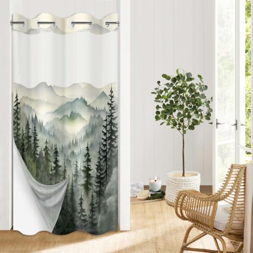 Green Forest Hookless Shower Curtain with Liner, 36x74 in, Narrow Stall