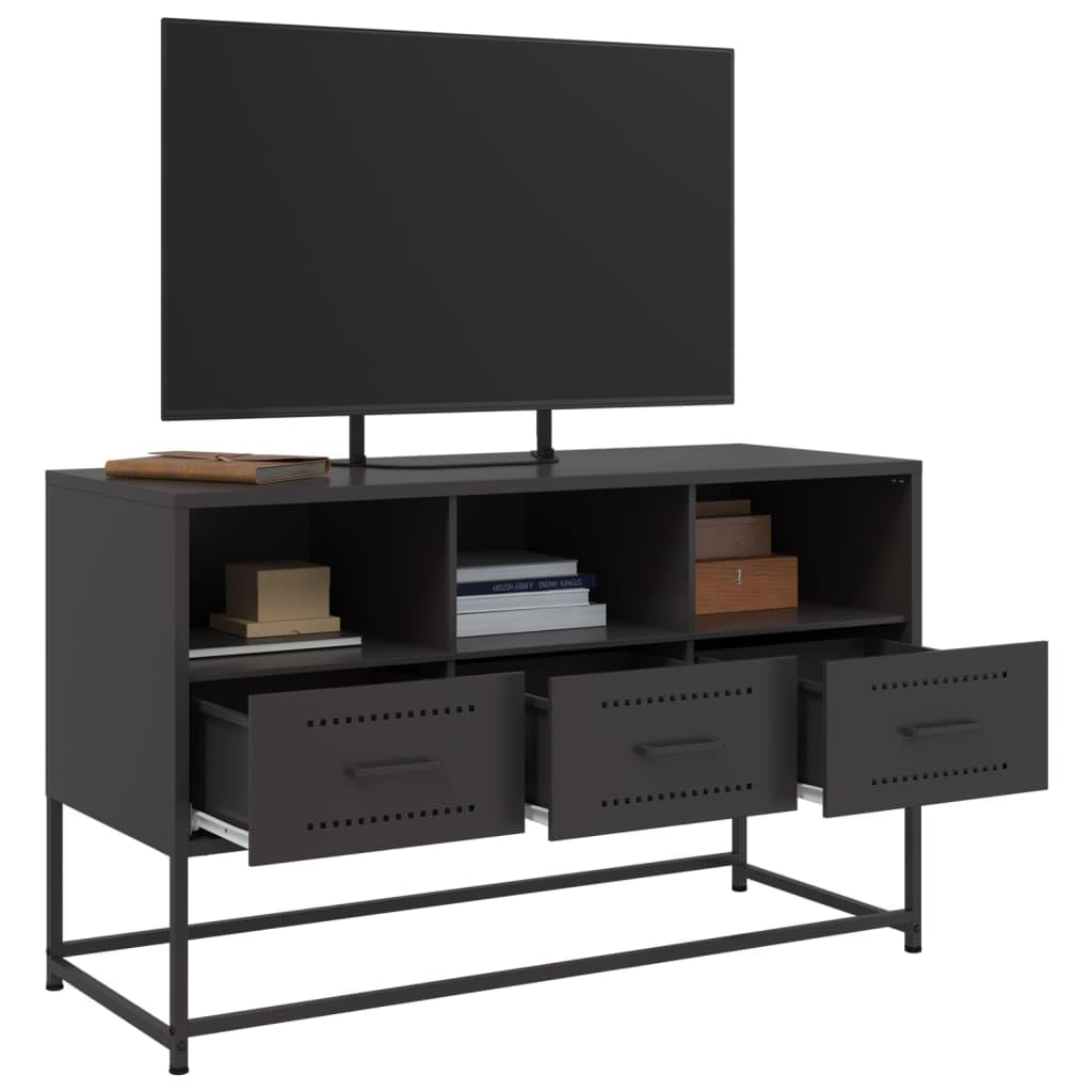 ZBZFGE Mobile TV Industriale in Acciaio Nero 100,5x39x60,5 cm, Dispone di 3 Scomparti Aperti e 3 Cassetti, Struttura Robusta per Soggiorno, Facile da Pulire e Assemblare