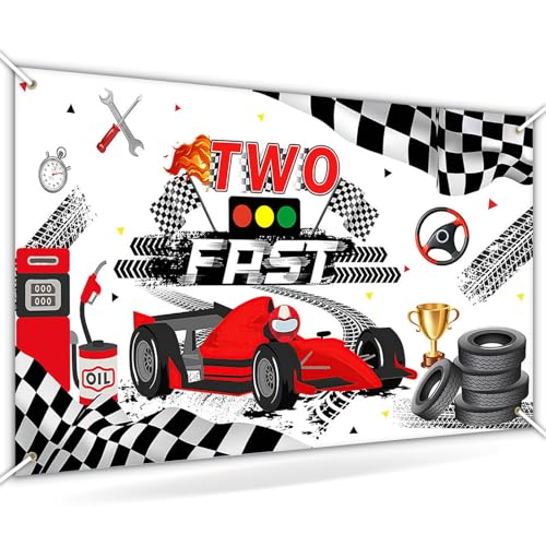 Avezano Two Fast Birthday Banner Backdrop 6x3.6 ft Racing Car Theme Bday Party Decorations Boys Red Car Second Birthday Background for Kids Party Supplies