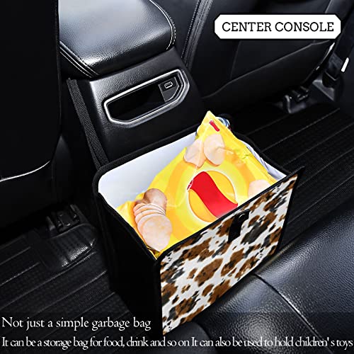 Image of Brown Cow Print Car Trash Can Black White Animal Skin Foldable Hanging Car Trash Bag Bin Auto Garbage Can Leak-Proof Car Organizer(Large)