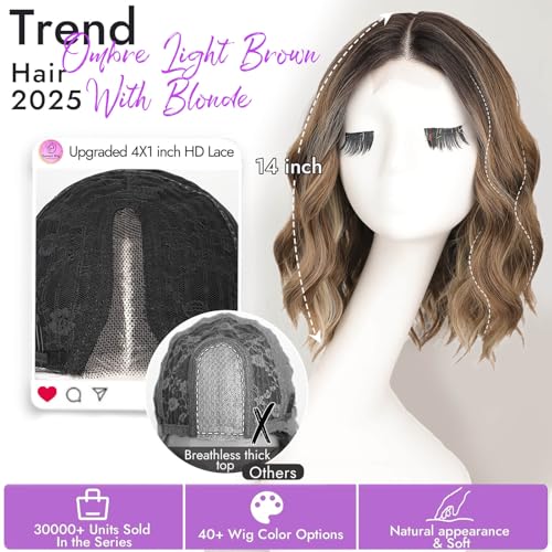 Image of Eawwii Ombre Light Brown With Blonde Short Wavy Wig for Women Lace Hairline Bob Style Synthetic Heat Resistant - Natural Appearance for Everyday Hairstyle 14 Inch