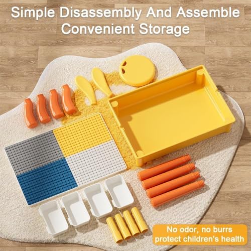 طاولة بناء للاطفال، قابلة للتحويل الى مجموعة طاولة تعلم وكرسي للاطفال، مجموعة طاولة لعب متعددة الوظائف 5 في 1 مع مساحة تخزين، تتضمن كرسي واحد و108 مكعب بناء (اصفر واحمر)