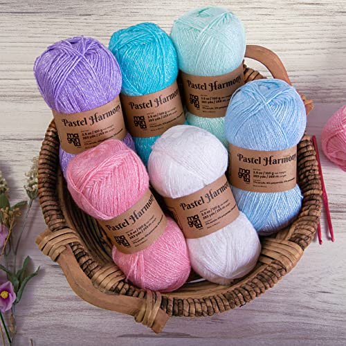 Magenta Textiles | Baby Yarn - Super Soft #1 Weight With A Touch Of Sparkle | Collection Of 6 Large Skeins Of Multicolor Pastel Yarn With Metallic Flecks | 100Gr (3.5 Oz) / Skein #TOP4