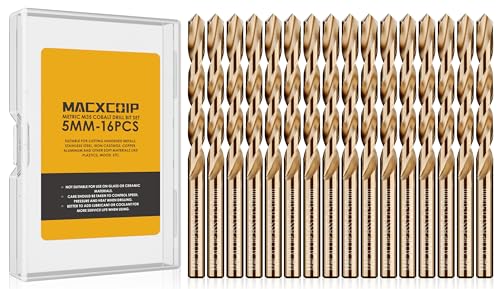 MACXCOIP Metric 16Pcs M35 Cobalt Drill Bit Set, 5mm HSS Cobalt Jobber Drill Bits, for Hardened Metals, Stainless Steel, Cast Iron and Wooden Plastics