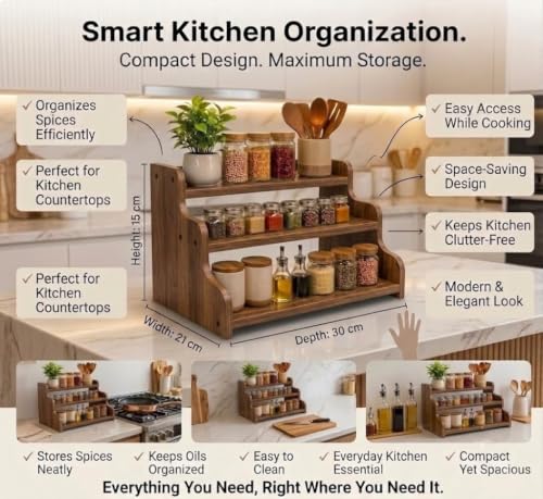 Image of 3-Tier Spice Rack, 13.8 Inch Wood Spice Bottles, Jars, Seasonings, Baking Supplies, Shelf Countertop Spice Storage Holder, Kitchen Pantry Cabinet Organizer Cupboard (BROWN)