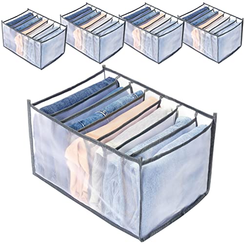 5Pack Wardrobe Clothes Organizer, TOOVREN Clothes Organizer for Folded Clothes, Clothing Storage Bins, Washable Foldable Drawer Clothes Compartment Storage Box for Bedroom Dorm Room 7 Grids (Gray)
