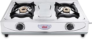Akai Laxmi 2 Burner Stainless Steel Classic Gas Stove, Portable Manual Ignition Kitchen Gas Stove (2 Burners, Silver)