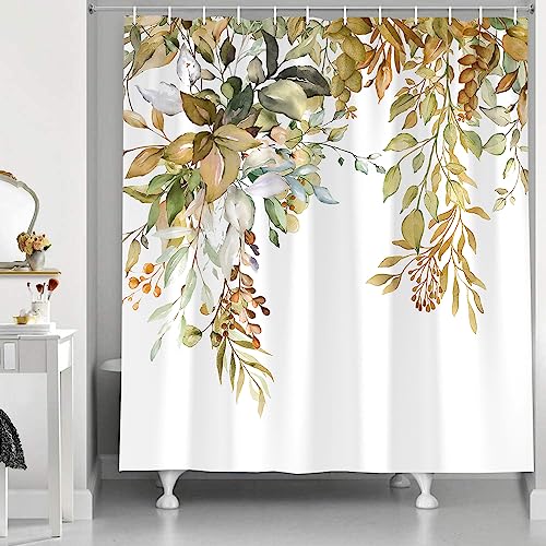 Zrofull Yellow Eucalyptus Shower Curtain, Watercolor Plant Leaves With Floral Bathroom Decor Waterproof Fabric White Background Shower Curtain With Hooks 72X72 Inch #TOP3