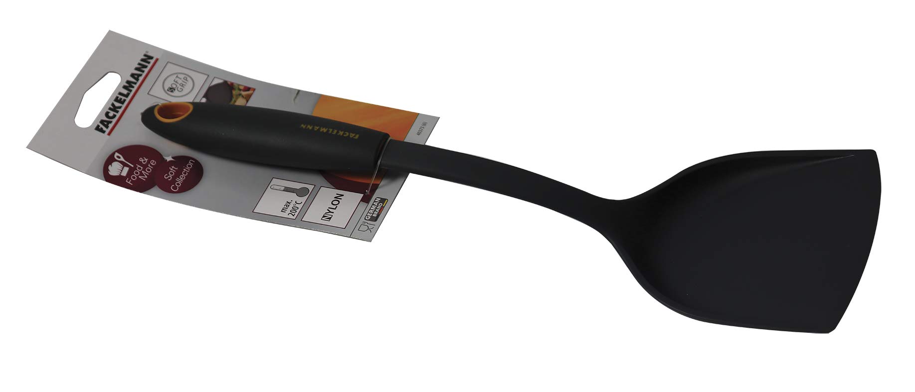 Fackelmann 40373 - Pala de chef multiusos de nailon, 32 x 10 cm, colección suave, ideal para tortitas, hamburguesas, pescado, pan cake (color negro y naranja), 1 unidad
