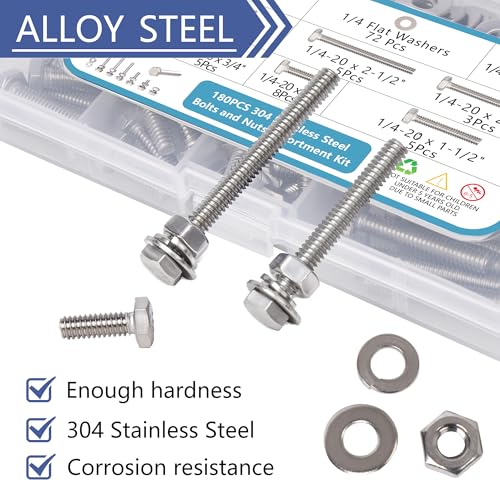 304 Stainless Steel Hex Bolt and Nut Assortment Kit, 180 Pieces, 1 /4 ...