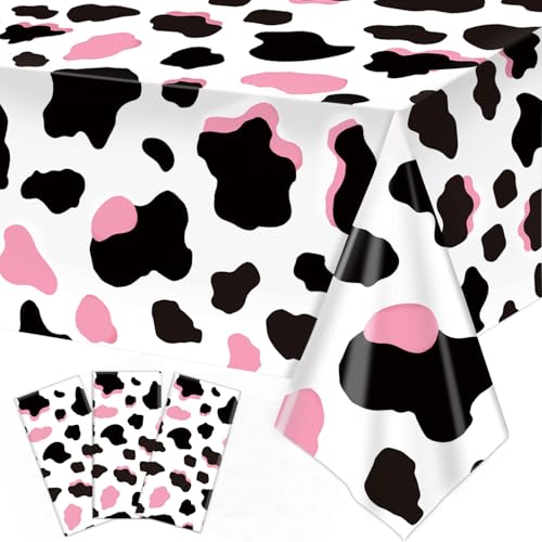 Image of LINHAXM 3 Pack Pink Cow Print Tablecloth - Cow Birthday Party Table Cloth Cow Print Table Cover for Disco Pink Cowgirl Birthday Decorations Supplies, 108 x 54 Inch