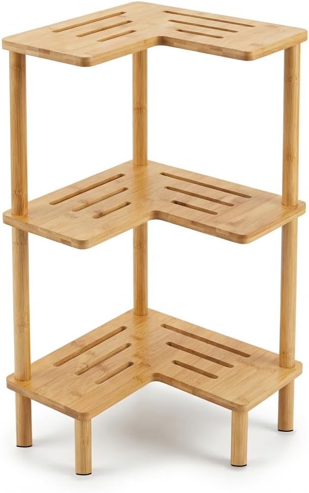 Bamboo Corner Shower Caddy Stand 3-Tier, Standing Shower Organizer with Anti-Slip Feet, Waterproof & Durable Bathroom Shower Shelf, Space-Saving Design Storage for Kitchen or Living Room