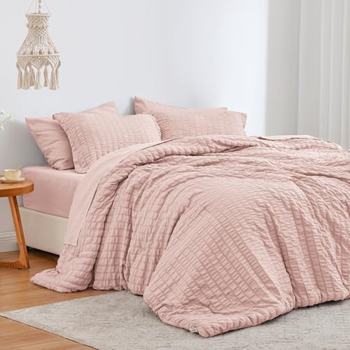Loves cabin Seersucker Pink Twin Comforter Set 5-Piece All Season Lightweight Bed in a Bag Bedding Set with Comforter Flat Sheet Fitted Sheet Pillowcase and Sham