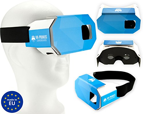 VR-PRIMUS® Cardboard, VR Brille kompatibel mit Smartphone & Handy z.B. Android,iPhone,Samsung,Huawei,LG,Plus,S7,S8,S9,7,8,9,X,p10,p20,G6 bis 6.0 Zoll.Mit Nasenpolster,Kopfband & Google Cardboard Apps